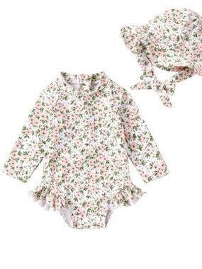 NWT Floral Ruffle Long-Sleeve Infant Swimsuit with Sun Hat - Pink & Green 12-18M
